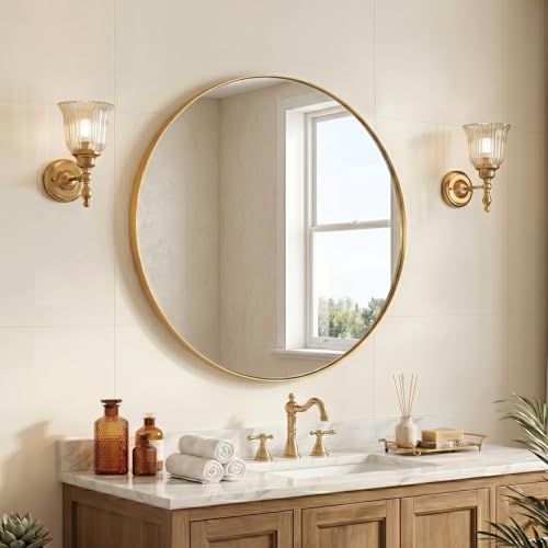 ANDY STAR Round Gold Mirror, 28 Inch Brass Round Mirror, Brushed Brass Bathroom Mirrors for Over Sink, Decorative Wall Mirrors, 1 Inch Deep Set Design, Ideal for Home Remodel, Hanging or Leaning - color: Gold, size: 28"L x 28"W