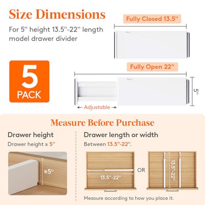 Lifewit 5" Tall Upgrade Drawer Dividers, Adjustable Deep Drawer Organizer | 13.5"-22" Expandable White Drawer Separator for Clothes, Dresser/Kitchen/Closet/Bedroom/Office Organization & Storage, 5 Pack - size: 5"H, 13.5-22"L