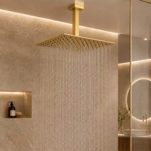 Rainfall Shower Head, BSTIIU 12 Inch Square Shaped Rain Shower Head, Ultra Thin Stainless Steel Ceiling or Wall Mounted Showerheads, Brushed Brass Gold - color: Brushed Brass Gold, size: 12-Inches, style: Square