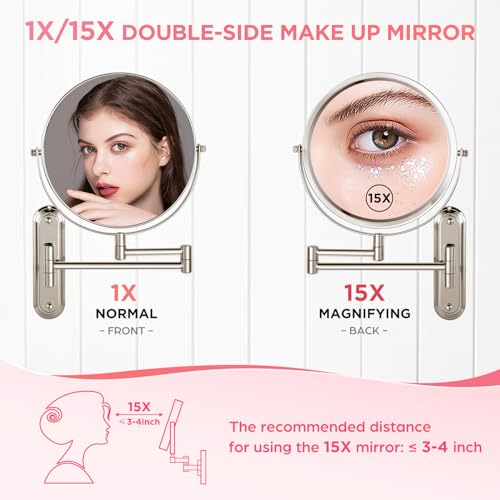 Wall Mounted Makeup Mirror | 15X/1X Double Sided Magnifying Mirror, 8.5 Inch Round, Brushed Nickel, Modern Style, Space Theme, 13" L x 11" W - color: Nickel