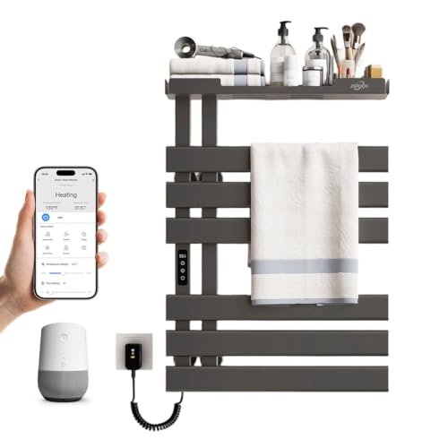 Smart Heated Towel Rack with Shelf,Electric WiFi Towel Warmer Rack App & Voice Control,Towel Drying Rack Wall Mounted,Towel Warming Rack with Led Timer,115-155℉,Flat Widen 6 Bar,Gray - color: Gray