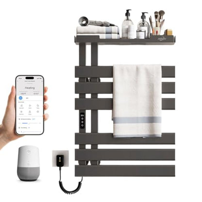Smart Heated Towel Rack with Shelf,Electric WiFi Towel Warmer Rack App & Voice Control,Towel Drying Rack Wall Mounted,Towel Warming Rack with Led Timer,115-155℉,Flat Widen 6 Bar,Gray - color: Gray