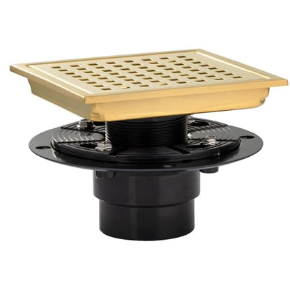 Square Shower Drain Gold Brushed 6 inch with Removable Grid Panel | AISI 304 Stainless Steel Shower Floor Drain with Detachable Hair Catcher Flange Lifting Hook Fits Bathroom Balcony Kitchen - color: Gold, size: 6 inch+Base