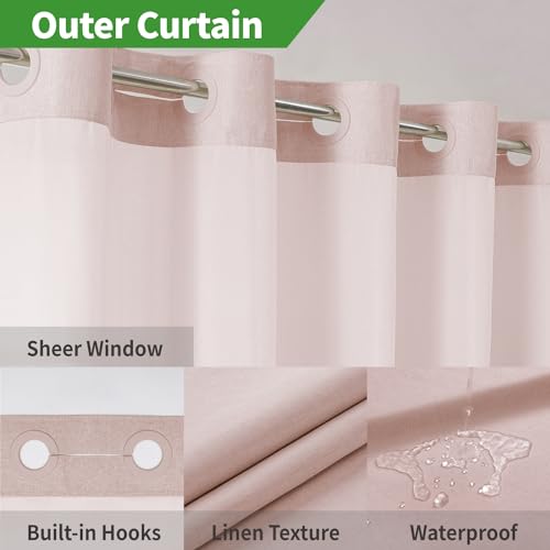 eachope No Hooks Needed Linen Textured Shower Curtain with Snap-in Fabric Liner Set,Blush Hotel Luxury Decor Shower Curtains for Bathroom with Mesh Top Window,Waterproof & Washable,71Wx74H | 230GSM Thick Fabric,Hotel Luxury Decor,Mesh Top Window,Magnetic