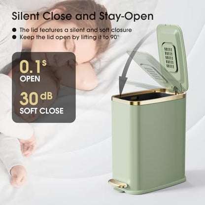 CEROELDA Small Bathroom Trash Can with Lid Soft Close-5L/1.3 Gal Slim Garbage Can-Metal Step Wastebasket-Rectangle Narrow Waste Bin for Office, Bedroom, Toilet, Live Room-Green - color: Green, size: 1.3 Gallon