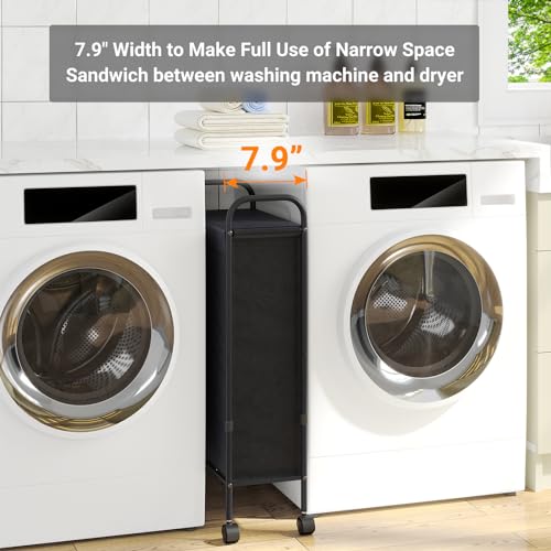 ELYKEN Slim Laundry Hamper with Lid & Wheels, 50L Rolling Laundry Basket | 7.9" Narrow Design, 50L, Removable Liner Bag, Lockable Wheels, Space Saving Clothes Hamper for Bathroom, Bedroom, Closet - style: Black-50L