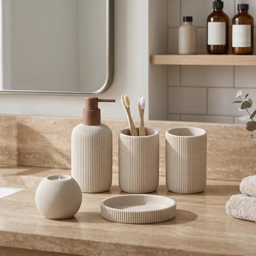 Bathroom Accessories Set, 5 PCS Modern Bath Organizer, Beige | Sandstone Look, Stripe,13.53 OZ Soap Dispenser,Toothbrush Holder,Tumbler,Soap Dish,Candle Holder for Countertop Kitchen Sink - color: Beige