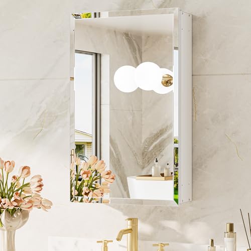 TokeShimi 14 x 24 Medicine Cabinet with Mirror, Assembly Required, White Recessed Bathroom Medicine Cabinet with Tempered Beveled Mirror, Stepless Adjustable Shelves, DTC Hinge - color: White, size: 14x24 in