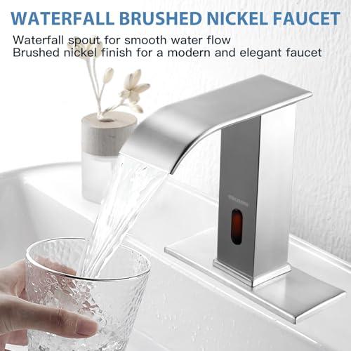 Touchless Bathroom Faucet Automatic Bathroom Sink Faucet with Sensor, Control Box and Temperature Mixer and Hole Cover Plate, Brushed Nickel - color: Brushed Nickel, size: Waterfall