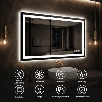 ROOMTEC 42"x30" LED Bathroom Mirror with Lights, Backlit+Frontlit | Anti-Fog, Dimmable, Memory Function, Bathroom Vanity Mirror for Wall, Shatterproof Tempered Glass (Horizontal/Vertical) - size: 42"L x 30"W