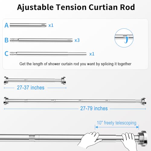 Shower Curtain Rod 27-79 Inches, Adjustable Tension Shower Rod No Drilling, No Slip, Spring Tension Curtain Rod for Bathroom Kitchen Closet Windows - Silver - color: Silver