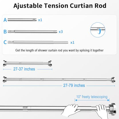 Shower Curtain Rod 27-79 Inches, Adjustable Tension Shower Rod No Drilling, No Slip, Spring Tension Curtain Rod for Bathroom Kitchen Closet Windows - Silver - color: Silver