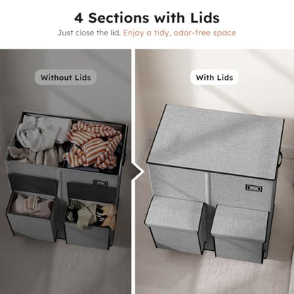 SOLEDI 180L Double Laundry Hamper with Lid and 2 Side Pockets, Dual Hamper | 2 Section Laundry Basket, Removable & Washable Laundry Bags, 180L Large Capacity, for Bedroom, Bathroom, Laundry Room, Dorm - color: Grey