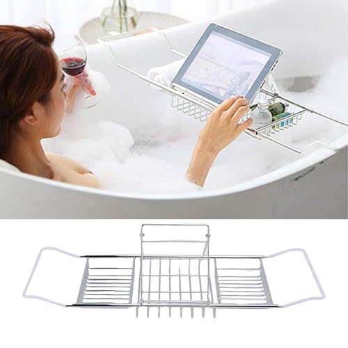 Yctze Stainless Steel Bathtub Tray, Adjustable Shower Tub Caddy with Extendable Sides & Removable Book Holder for Bathroom Accessories (Silver) - color: Silver