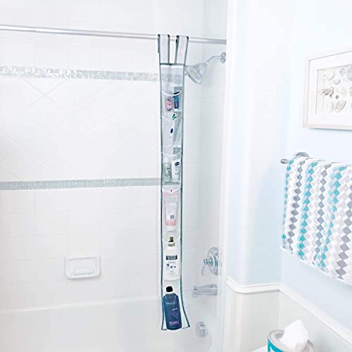 Skywin Hanging Mesh Shower Caddy, 7 Pockets, Quick Dry, 60 x 6 In - White | 60 x 6 In, Shower Organizer for Rod or Door, Portable for RV Dorm Cruise Camping, Velcro Strap, Polyester, Foldable