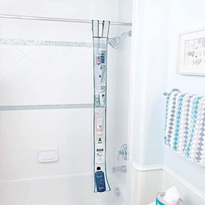 Skywin Hanging Mesh Shower Caddy, 7 Pockets, Quick Dry, 60 x 6 In - White | 60 x 6 In, Shower Organizer for Rod or Door, Portable for RV Dorm Cruise Camping, Velcro Strap, Polyester, Foldable