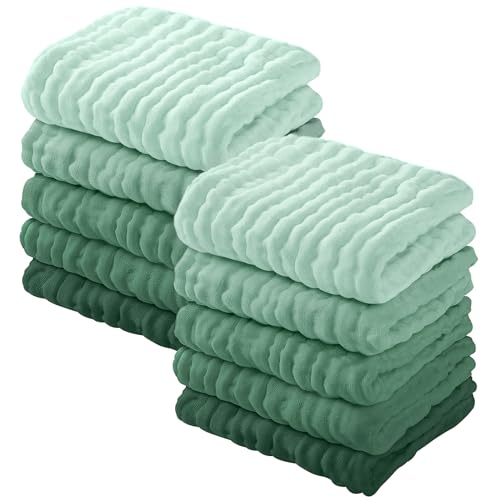 Yoofoss Muslin Baby Washcloths 100% Organic Cotton Face Towels 10 Pack Wash Cloths for Baby 12x12in Soft and Absorbent Baby Wipes (Gradient Green) - color: Gradient Green, size: 10 Pack