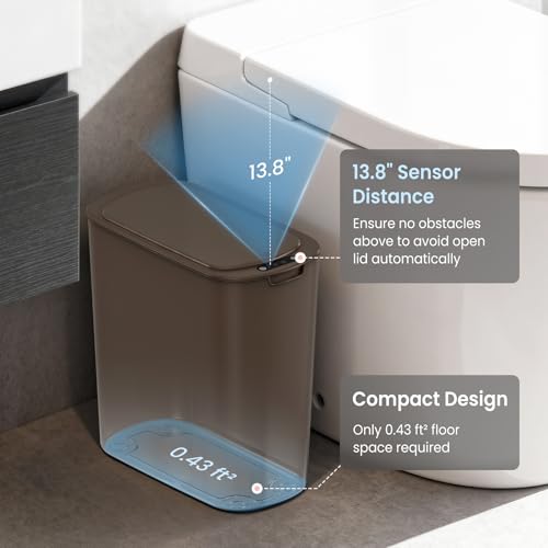 Cesun Automatic Motion Sensor Bathroom Trash Can with Lid, 2.6 Gallon Touchless Trash Bin, Smart Plastic Slim Garbage Can Small Brown Wastebasket for Toilet, Office, rv, Bedroom, Living Room | Motion Sensor, Plastic, Touchless, Odor Control, Smart Garbage