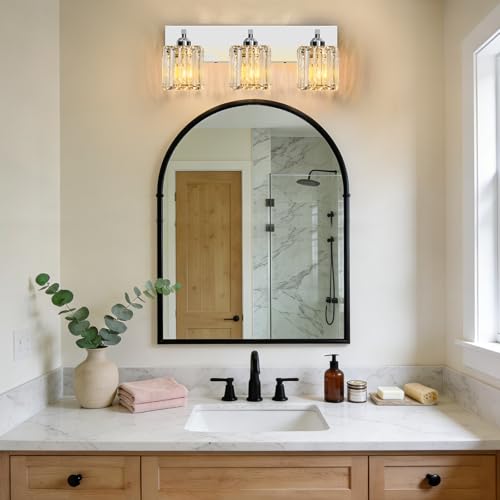 Brushed Chrome Crystal Bathroom Vanity Light, 3-Light Modern Bathroom Lighting Fixtures Over Mirror,Chrome Wall Sconce Light Fixtures with Square Shade - color: Chrome-Square Shade, size: 3-LIGHT