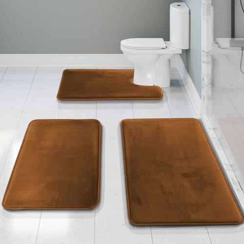 Clara Clark 3 Piece Bathroom Rugs Bath Mat Set, Velvet Memory Foam Bath Mats for Bathroom - Non-Slip, PVC Backing Bath Rugs, Washable - Dries Quickly, Brown - color: Brown