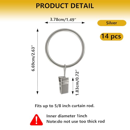 Curtain Rings with Hooks Set - Heavy Duty Metal Drapery Hooks & Eyelet Rings for Window, Shower, Door - Rustproof & Smooth Gliding Curtain Rod Ring, 5/8 to 3/4 Inch Internal Diameter 14 Pack - color: Silver