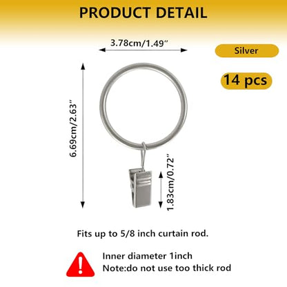 Curtain Rings with Hooks Set - Heavy Duty Metal Drapery Hooks & Eyelet Rings for Window, Shower, Door - Rustproof & Smooth Gliding Curtain Rod Ring, 5/8 to 3/4 Inch Internal Diameter 14 Pack - color: Silver