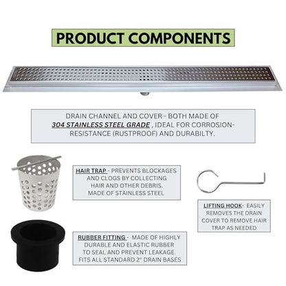 304 Stainless Steel Brushed Nickel Linear Shower Drain Kit Traditional Square Linear Shower Drains for Tile Floor Long Hair Catcher Strainer Grate Cover Bathroom (24 Inch) - size: 24 Inch