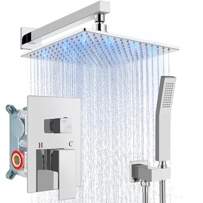 Aolemi Shower Faucet Set with Valve Handheld 10" LED Head Polish Chrome | Handheld Spray,10 Inch Rain LED Head,Valve and Trim Kit,All Metal,Wall Mount Shower System,Bathroom Mixer - color: Chrome, size: 10 Inch LED Shower Head