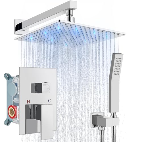 Aolemi Shower Faucet Set with Valve Handheld 10" LED Head Polish Chrome | Handheld Spray,10 Inch Rain LED Head,Valve and Trim Kit,All Metal,Wall Mount Shower System,Bathroom Mixer - color: Chrome, size: 10 Inch LED Shower Head