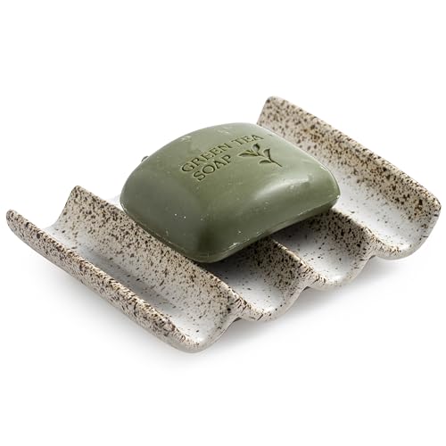 Soap Dish for Shower, Self Draining Bar Soap Holder for Shower | Fluted Design with Drainage | Ceramic Bathroom Soap Saver for Shampoo, Conditioner | Japanese Sponge Holder for Kitchen - color: White With Green Speckles, size: Fluted