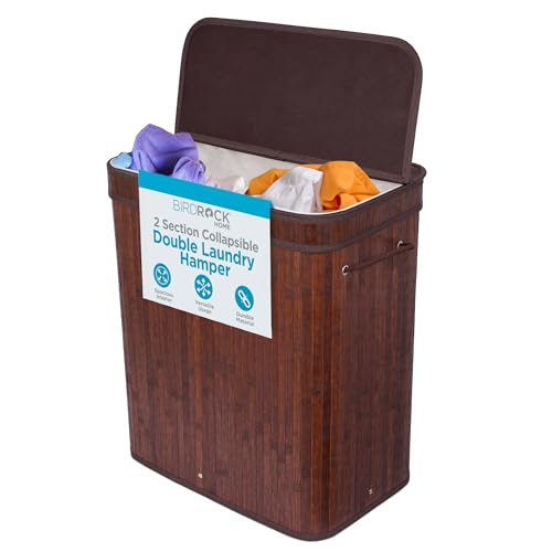 BirdRock Home Double Laundry Hamper with Lid and Cloth Liner | Bamboo | Espresso | Easily Transport Laundry Basket | 2 Section Collapsible Hamper | String Handles