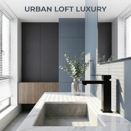 Matte Black Bathroom Faucet, Modern Single Handle Square Bathroom Sink Faucet with Pop Up Drain Assembly, Stainless Steel Vanity Bathroom Faucets, Single Hole Deck Mount,BF011B - color: S-Matte Black, style: Short