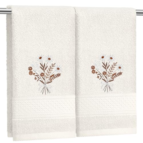 SmoothNovelty 2 Pcs Boho Flowers Hand Towels Beige Bathroom Wildflowers Decor 14x29 Inch Embroidered 100% Cotton Soft Absorbent Spring Summer Decorative Hand Towels for Bathroom Kitchen - style: Bohemian