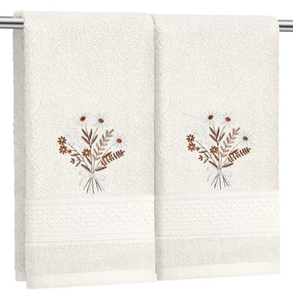 SmoothNovelty 2 Pcs Boho Flowers Hand Towels Beige Bathroom Wildflowers Decor 14x29 Inch Embroidered 100% Cotton Soft Absorbent Spring Summer Decorative Hand Towels for Bathroom Kitchen - style: Bohemian