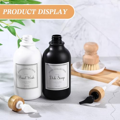 Zopeal 4 Pcs 16 oz Kitchen Soap Dispenser Set with Bamboo Tray and Dish Brush Plastic Soap Dispenser Set with Waterproof Labels for Hand Dish Lotion(Matte Black,White) - color: Matte Black,white
