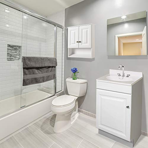 Design House Wyndham Wall Cabinet, 2 Doors, 1 Adjustable Interior Shelf, Bottom Display Shelf, Satin Nickel Hardware, Easy Assembly, Bath Cabinet, White, 8 in L x 22 in W x 26 in H, 597310 | Adjustable Shelves, Adjustable Hinges, Wall Mount, Traditional,