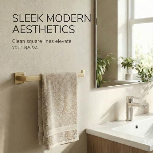 5-Piece Bathroom Hardware Set, 23.6 in Towel Bar, Brushed Gold | 304 stainless steel, towel ring, toilet paper holder, 2 robe hooks, wall-mounted, installation hardware included - color: Brushed Gold