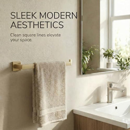 5-Piece Bathroom Hardware Set, 23.6 in Towel Bar, Brushed Gold | 304 stainless steel, towel ring, toilet paper holder, 2 robe hooks, wall-mounted, installation hardware included - color: Brushed Gold