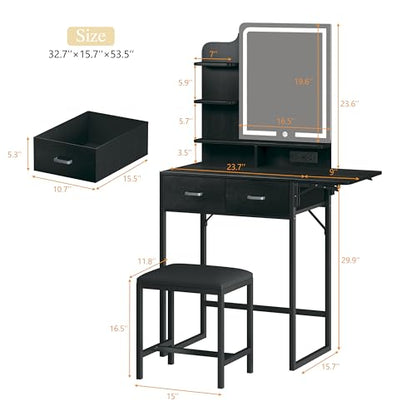 ALEXNUTRE Makeup Vanity Desk with Mirror and Lights, Small Vanity with Fabric Storage Drawer & Chair & Shelves, Vanity with Fold-up Panel and Power Outlet for Bedroom - style: Black