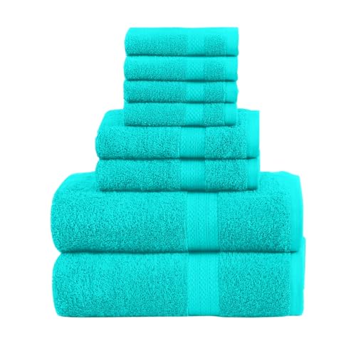 QUBA LINEN Pack of 8 Towels Set, 2 Large Bath Towels, 2 Hand Towels, 4 Wash Cloths, 100% Cotton, Lighter Weight, Quicker to Dry, Super Absorbent, Perfect for Bathroom (Aqua) - color: Aqua