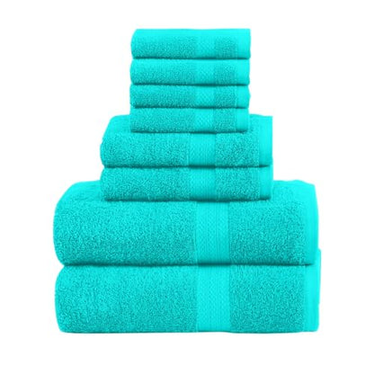 QUBA LINEN Pack of 8 Towels Set, 2 Large Bath Towels, 2 Hand Towels, 4 Wash Cloths, 100% Cotton, Lighter Weight, Quicker to Dry, Super Absorbent, Perfect for Bathroom (Aqua) - color: Aqua