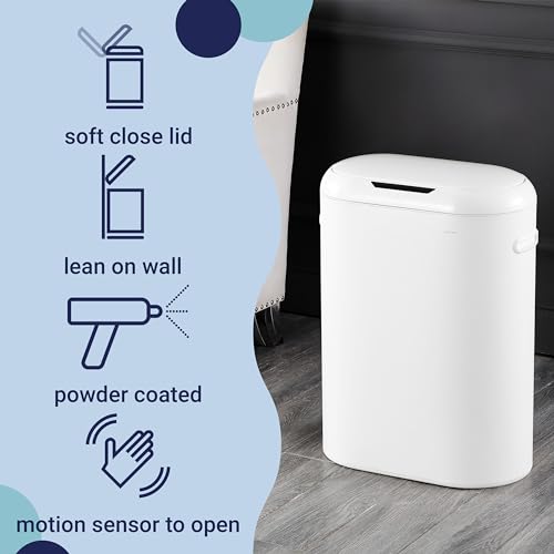 happimess 13.2 Gal Oval Motion Sensor Trash Can, Cotton White | Oval, Motion Sensor, Touch Mode, Soft Close Lid, Powder Coated Iron, 17.7" W x 9.84" D x 24.2" H - color: Cotton White