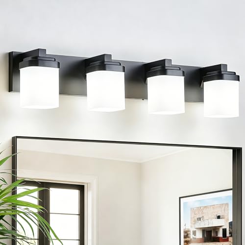 29 Inches Bathroom Vanity Light, 4-Light Black Bathroom Light Fixtures Over Mirror, Bathroom Light Shower Lamp with Milky White Square Glass Shade, Modern Farmhouse Lighting Fixtures - color: Black, size: 29 Inch : 4-lights