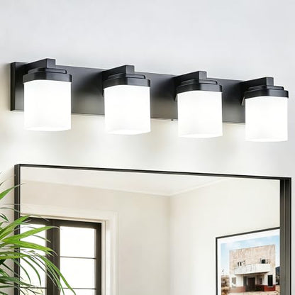 29 Inches Bathroom Vanity Light, 4-Light Black Bathroom Light Fixtures Over Mirror, Bathroom Light Shower Lamp with Milky White Square Glass Shade, Modern Farmhouse Lighting Fixtures - color: Black, size: 29 Inch : 4-lights