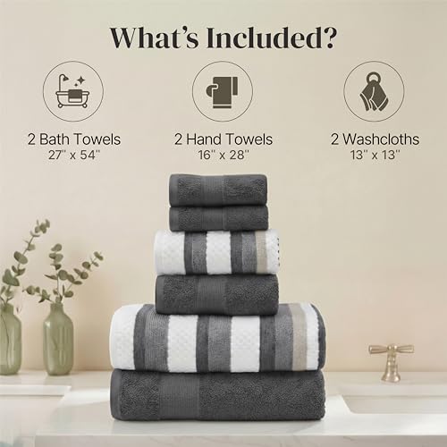 Modern Threads Pax 6-Piece Reversible Yarn Dyed Jacquard Towel Set - Bath Towels, Hand Towels, & Washcloths - Super Absorbent & Quick Dry - 100% Combed Cotton, Coal - color: Grey, style: Wide Stripe