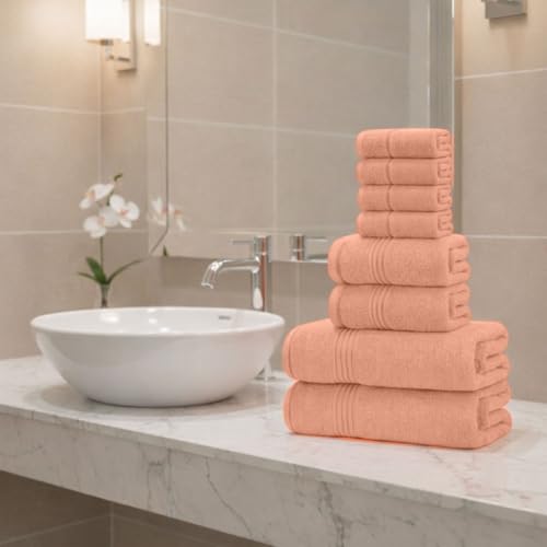 8 Piece Bath Towels for Bathroom - 100% Cotton, Soft Absorbent Bathroom Towels Set - 2 Extra Large Bath Towels, 2 Hand Towels & 4 Washcloths - Hotel Spa Thick Plush Towel, Peach - color: Peach (Pack of 8)