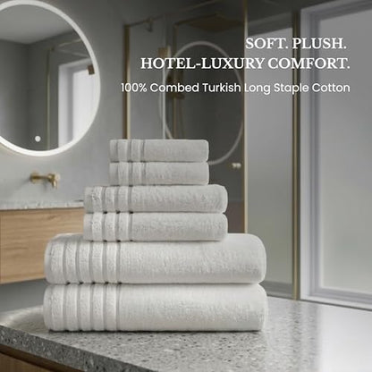 BW Luxe Home - 100% Soft Turkish Cotton 6 Piece White Towel Set (2 Bath, 2 Hand, 2 Wash). 600 GSM, Combed Natural Yarn for Fast Drying & Excellent Absorption. Hotel & Spa Luxury Quality. - color: White