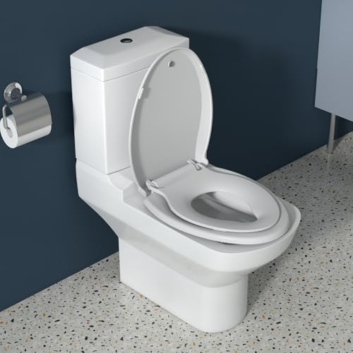 19" Elongated Toilet Seat with Built-In Potty Training Seat, Soft Quiet-Close Lid with Non-Slip Design, Magnetic Kids Seat in White, Easy to Install and Clean - color: White, with Toddler Seat, size: Elongated (19″)