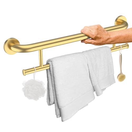 Brushed Gold Grab Bar with Towel Holder, Grab Bars for Shower 24 Inch | Stainless Steel Bathroom Grab Bar, Shower Towel Bar, Wall Mount Safety Grab Rail for Senior Elderly, Handicap Support Bars - color: towel grab bar - gold, size: 24 Inch