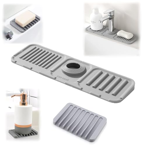 Faucet Mat for Kitchen Sink,Bathroom Kitchen Sink Splash Guard Silicone,5° Slope Type Design Sink Mat,Sponge Holder and Bathroom Countertop Protect(Include 1pcs Extra Storage mat)